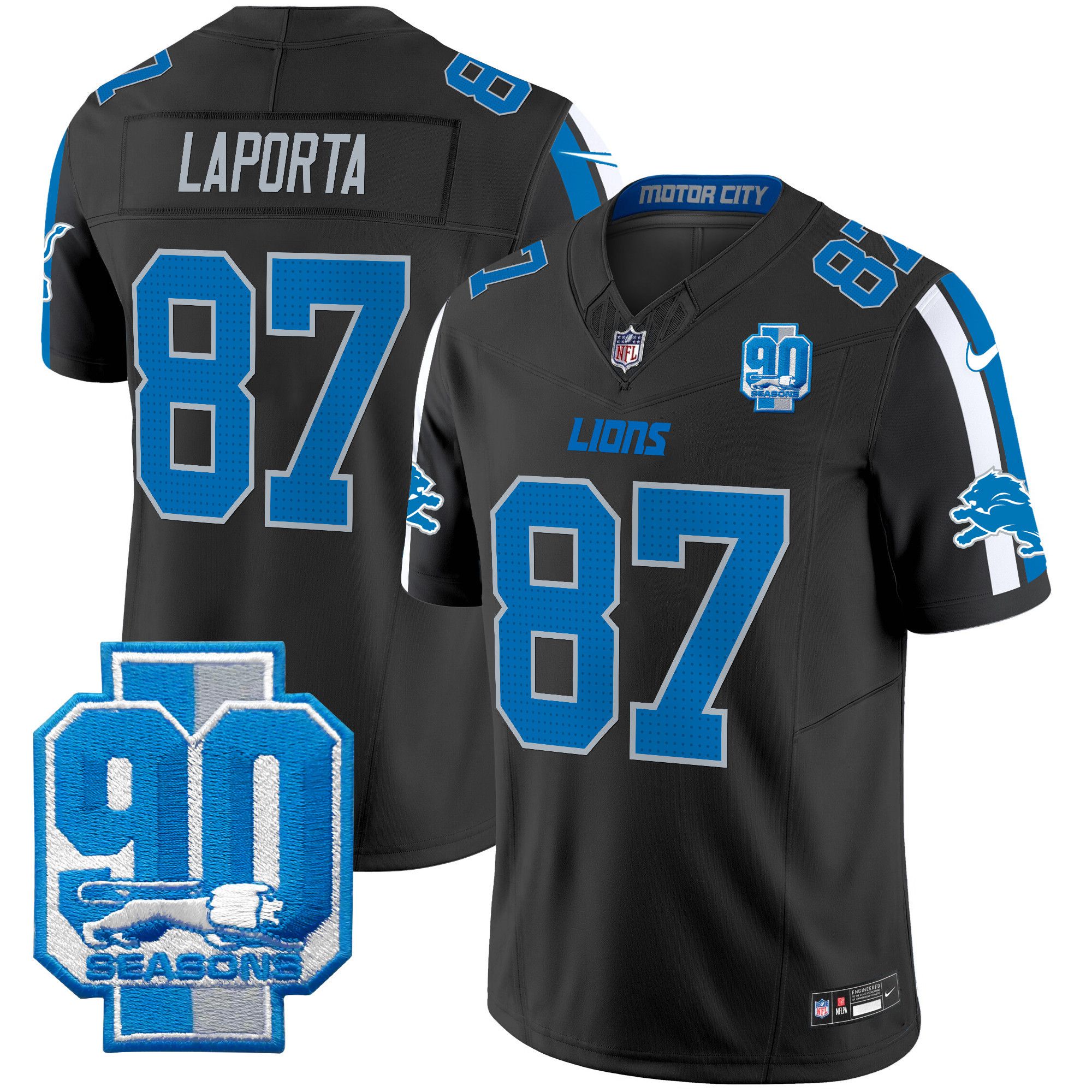 Men Detroit Lions #87 Laporta Black 2024 Nike 90th Year Patch Vapor Limited NFL Jersey